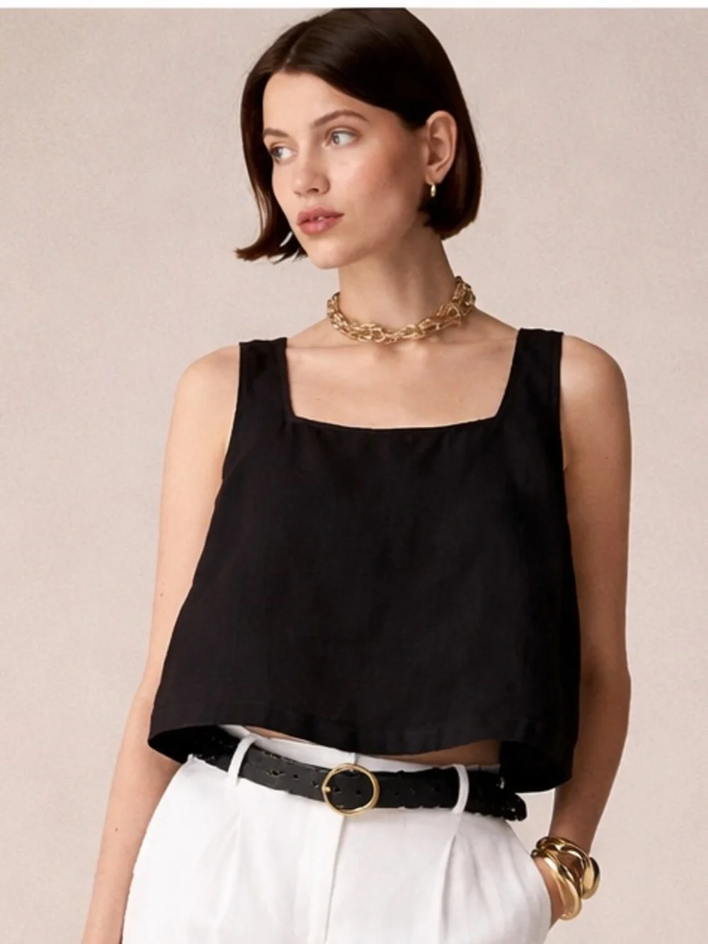 J. Crew Black Squareneck button-back top in linen L